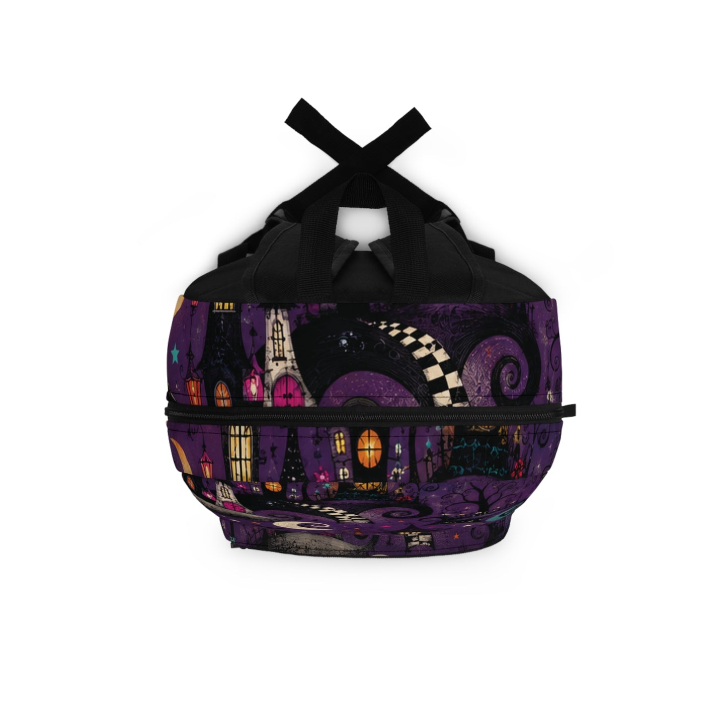Whimsical Nightscape Backpack — Purple Moonlit Village School Bag
