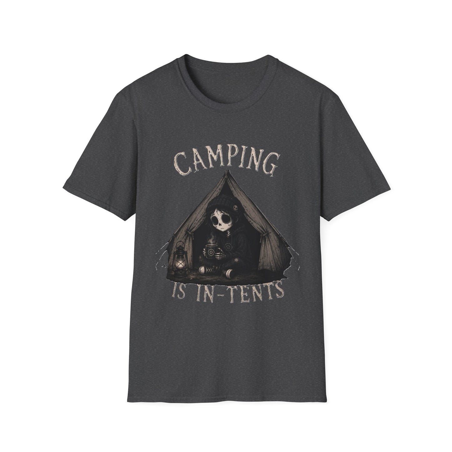 Camping Is In-Tents T-Shirt — Funny Male Skull Tent Camping Graphic Tee