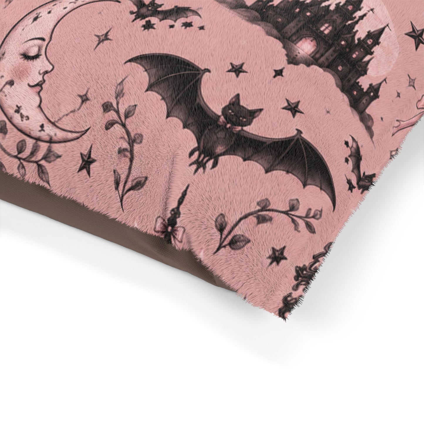 Gothic Pink Pet Bed — Vintage Castle & Bat Pattern for Cats & Dogs