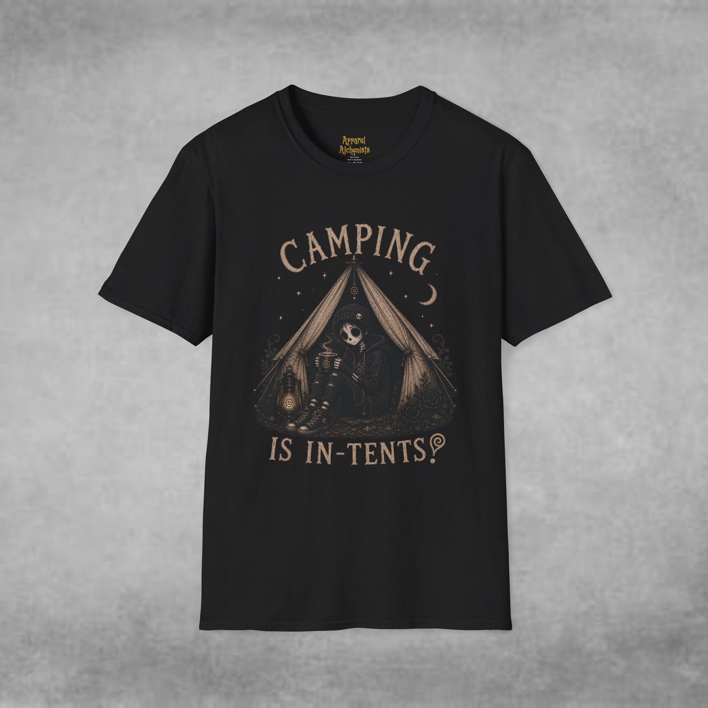 COMPLETED Camping Is In-Tents T-Shirt — Funny Male Skull Tent Camping Graphic Tee