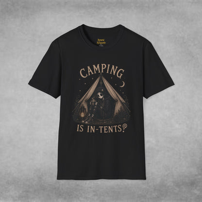 COMPLETED Camping Is In-Tents T-Shirt — Funny Male Skull Tent Camping Graphic Tee