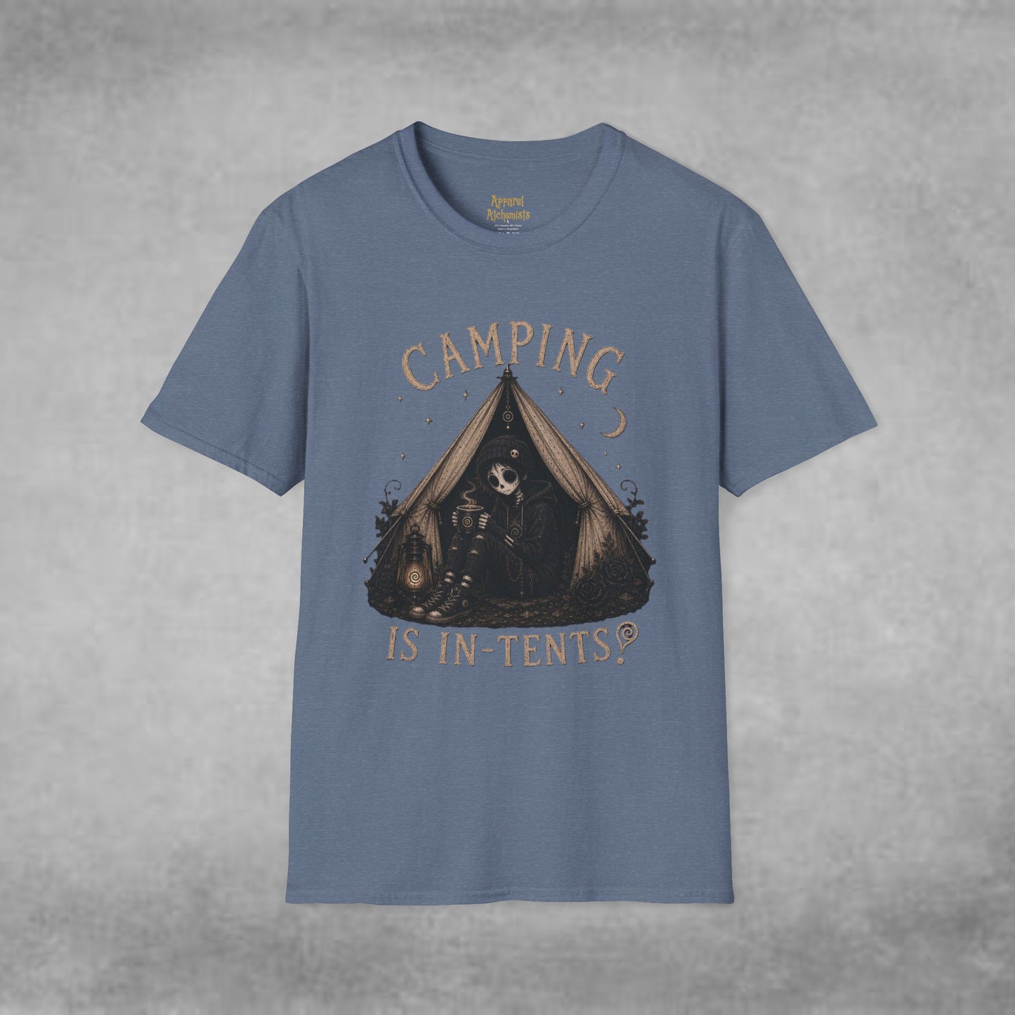 COMPLETED Camping Is In-Tents T-Shirt — Funny Male Skull Tent Camping Graphic Tee