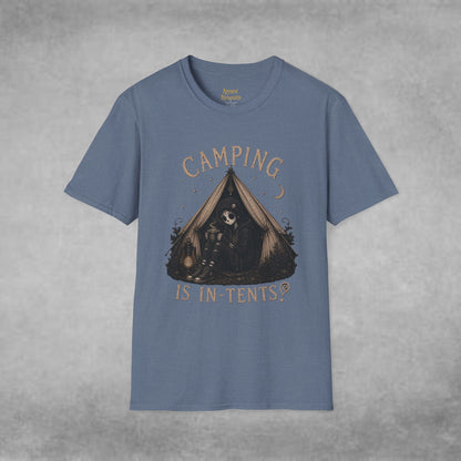 COMPLETED Camping Is In-Tents T-Shirt — Funny Male Skull Tent Camping Graphic Tee