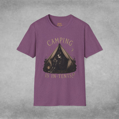 COMPLETED Camping Is In-Tents T-Shirt — Funny Male Skull Tent Camping Graphic Tee