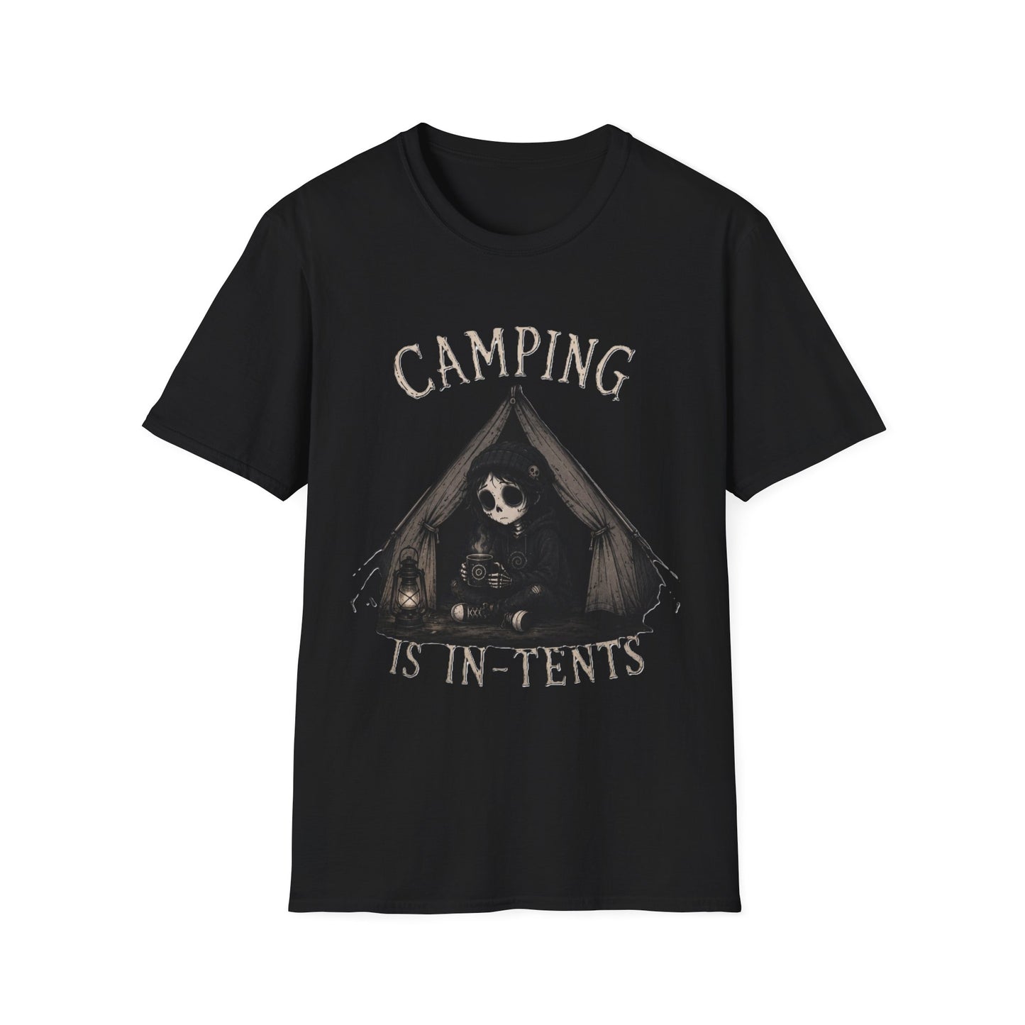 Camping Is In-Tents T-Shirt — Funny Male Skull Tent Camping Graphic Tee