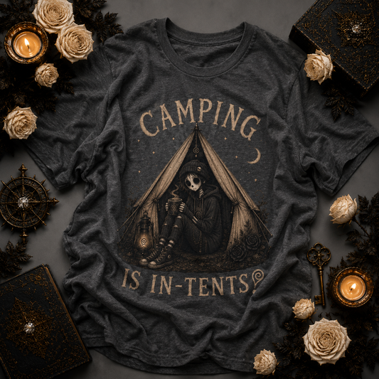 COMPLETED Camping Is In-Tents T-Shirt — Funny Male Skull Tent Camping Graphic Tee