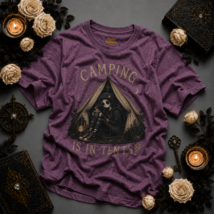 COMPLETED Camping Is In-Tents T-Shirt — Funny Male Skull Tent Camping Graphic Tee