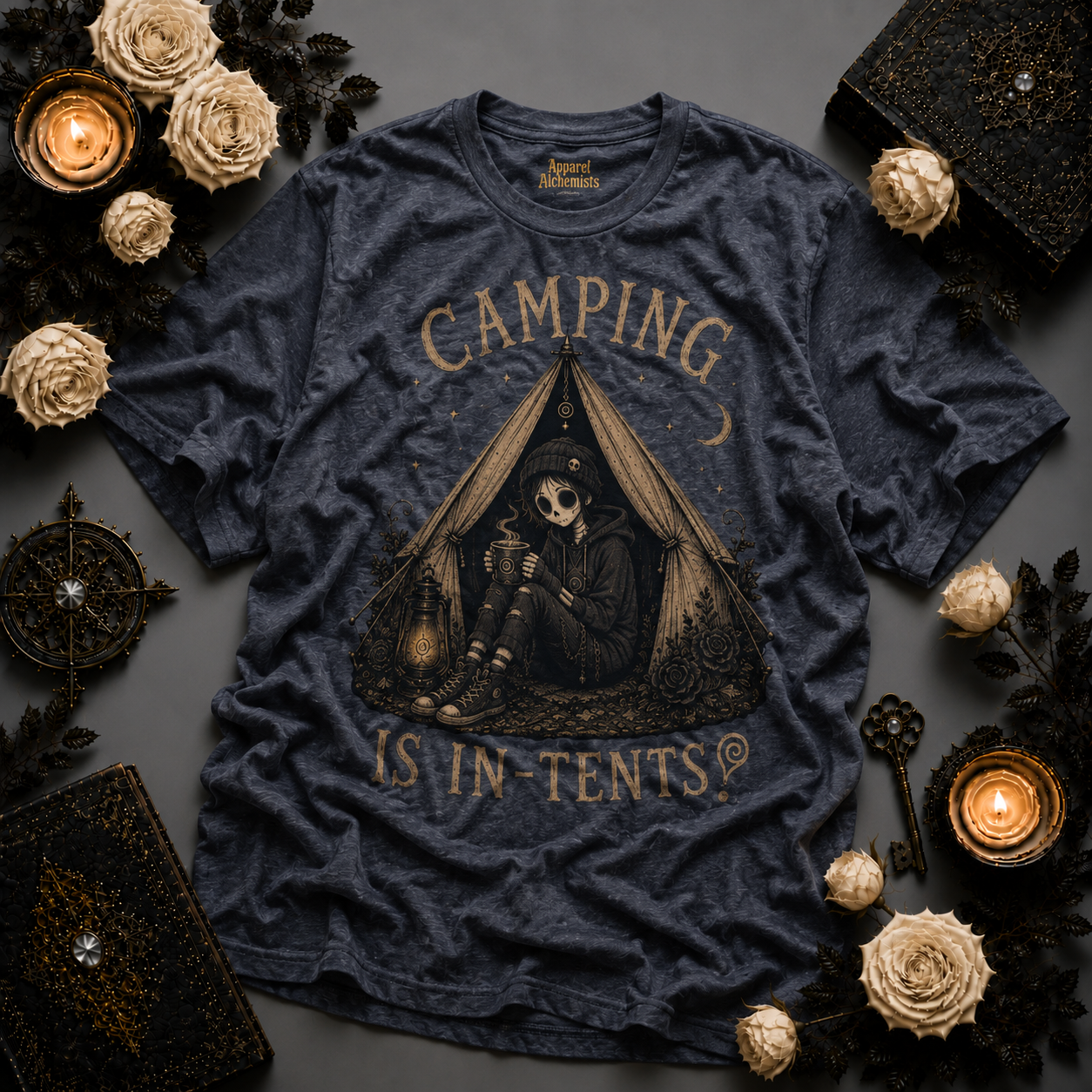 COMPLETED Camping Is In-Tents T-Shirt — Funny Male Skull Tent Camping Graphic Tee