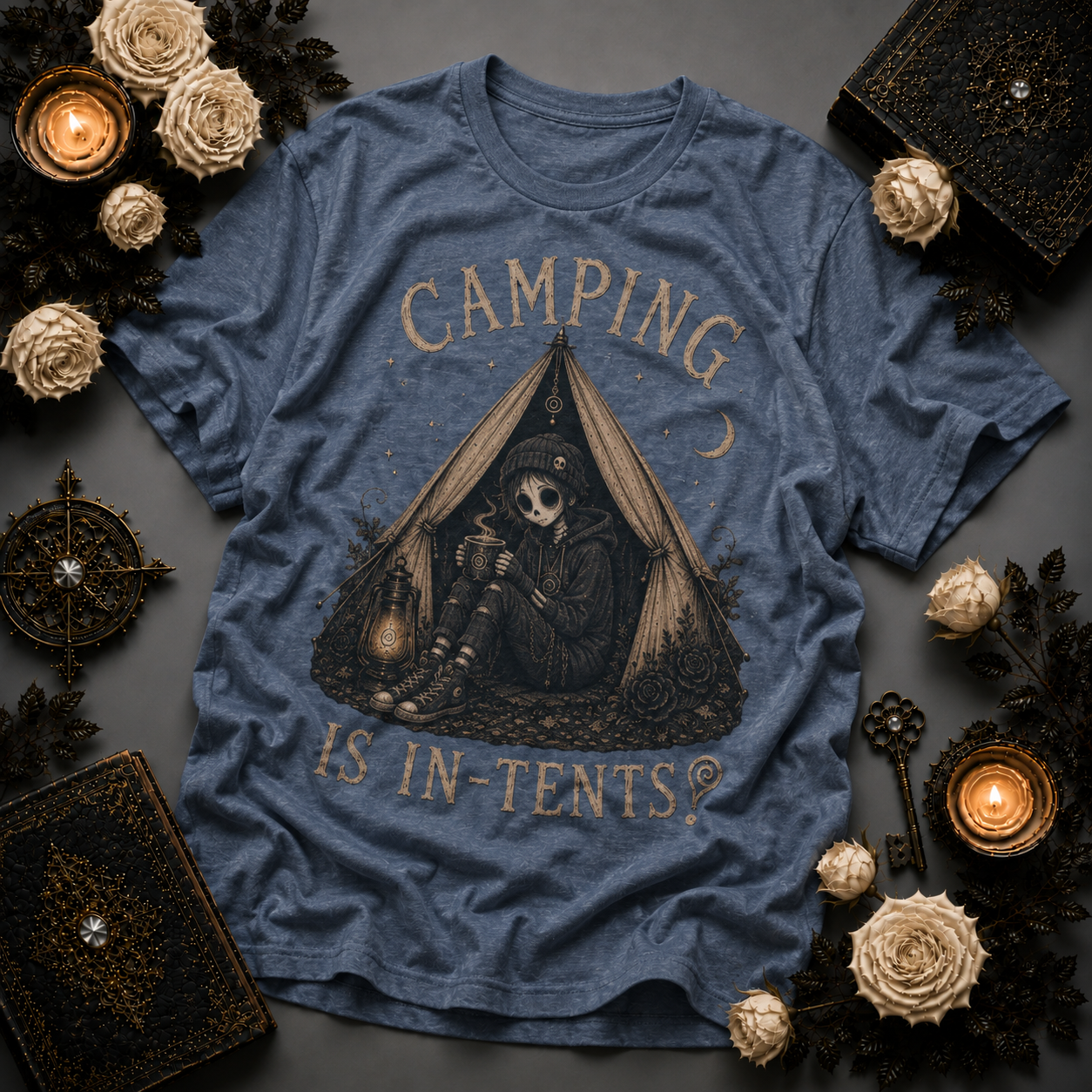 COMPLETED Camping Is In-Tents T-Shirt — Funny Male Skull Tent Camping Graphic Tee
