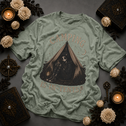 COMPLETED Camping Is In-Tents T-Shirt — Funny Male Skull Tent Camping Graphic Tee