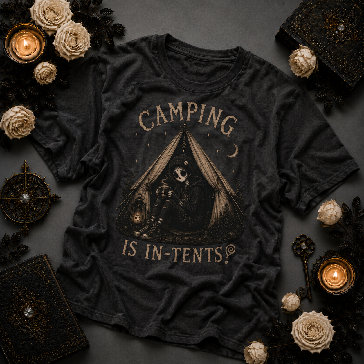 COMPLETED Camping Is In-Tents T-Shirt — Funny Male Skull Tent Camping Graphic Tee