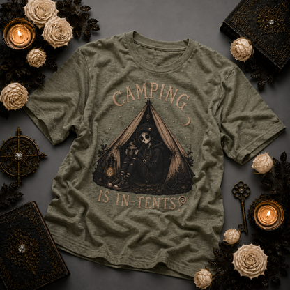COMPLETED Camping Is In-Tents T-Shirt — Funny Male Skull Tent Camping Graphic Tee