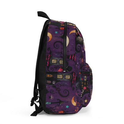 Whimsical Nightscape Backpack — Purple Moonlit Village School Bag