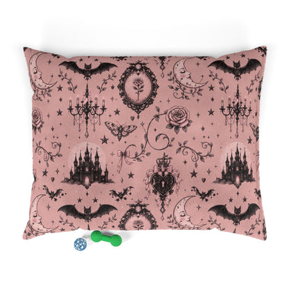 Gothic Pink Pet Bed — Vintage Castle & Bat Pattern for Cats & Dogs