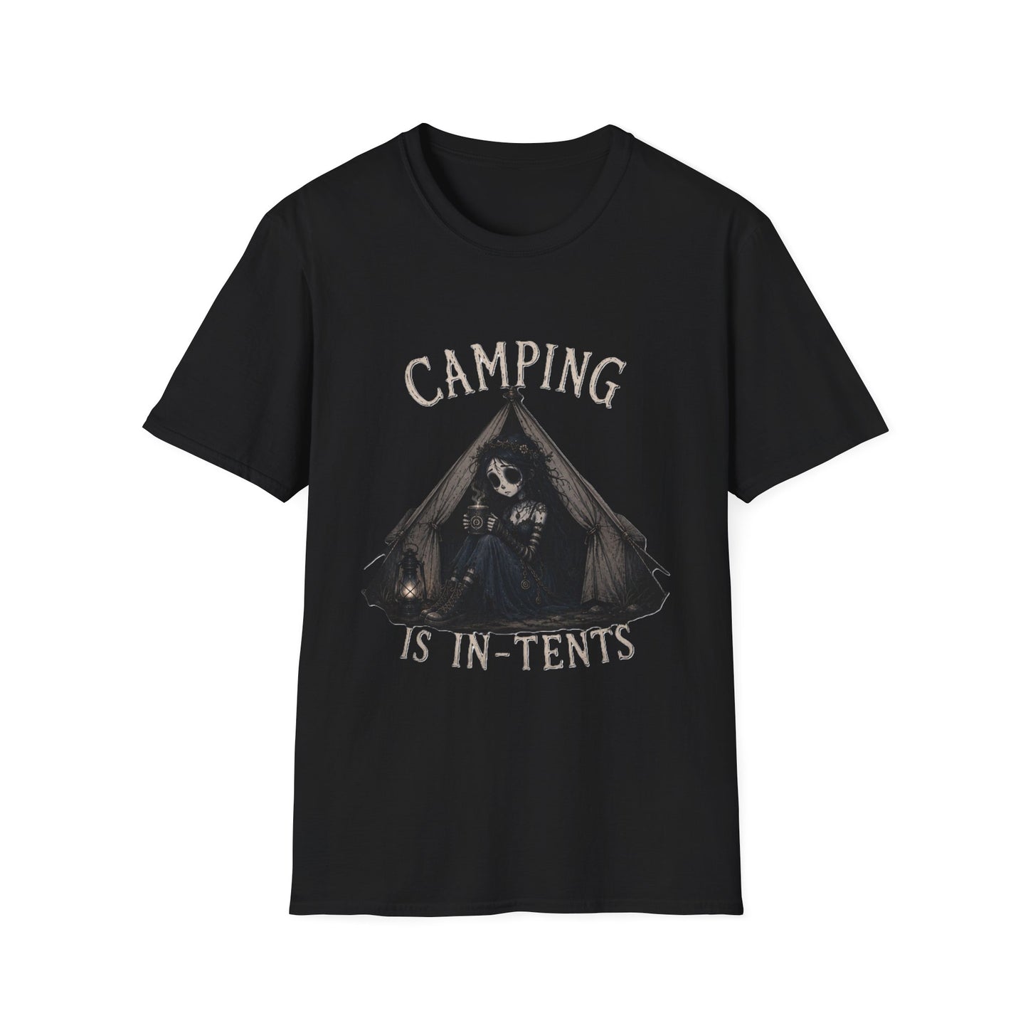 Camping Is In-Tents T-Shirt — Funny Female Camping Tee with Tent Skull Graphic