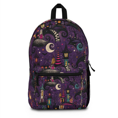 Whimsical Nightscape Backpack — Purple Moonlit Village School Bag