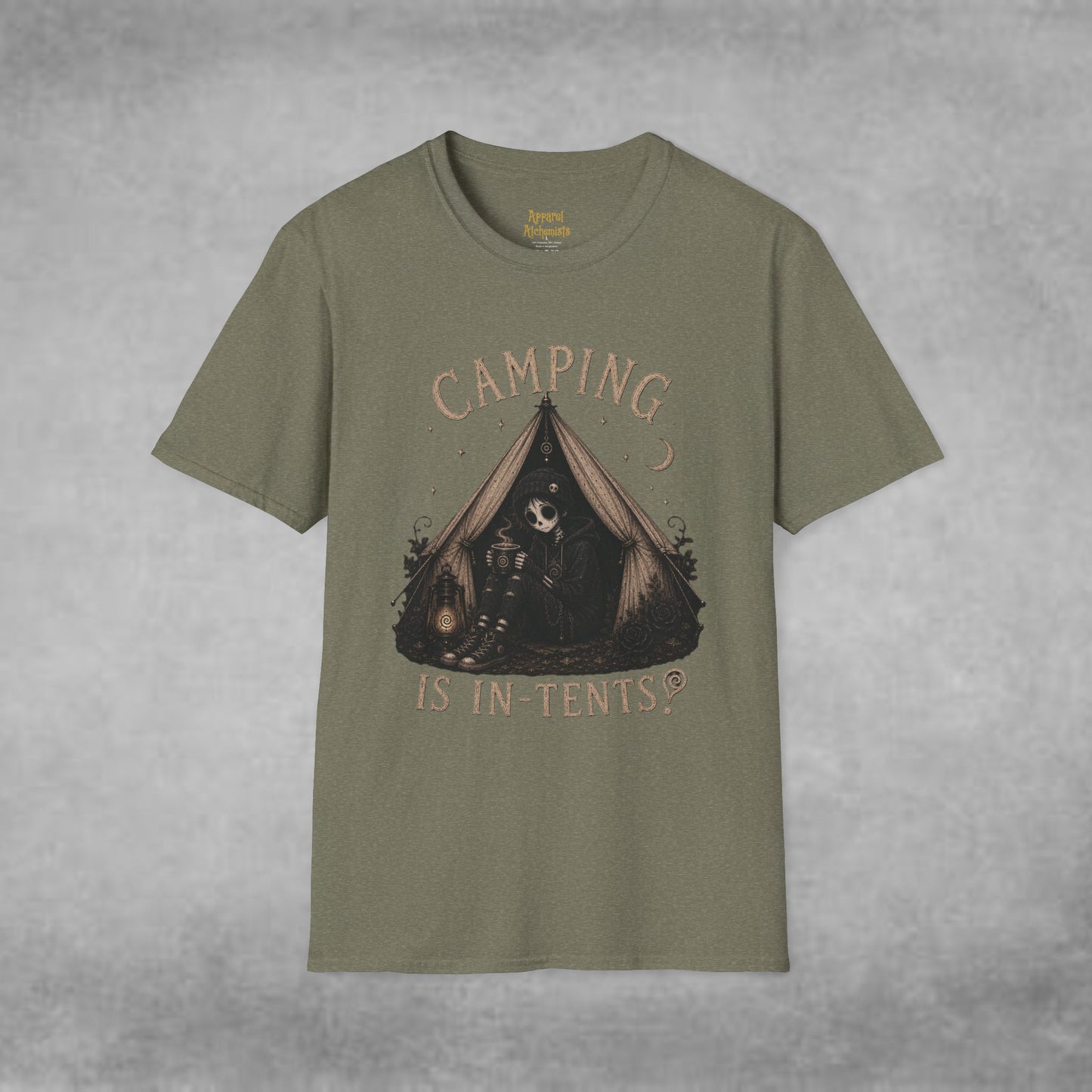 COMPLETED Camping Is In-Tents T-Shirt — Funny Male Skull Tent Camping Graphic Tee
