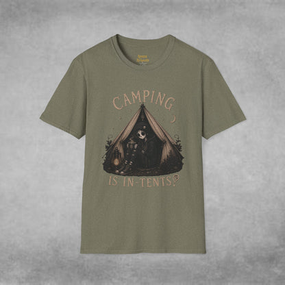 COMPLETED Camping Is In-Tents T-Shirt — Funny Male Skull Tent Camping Graphic Tee