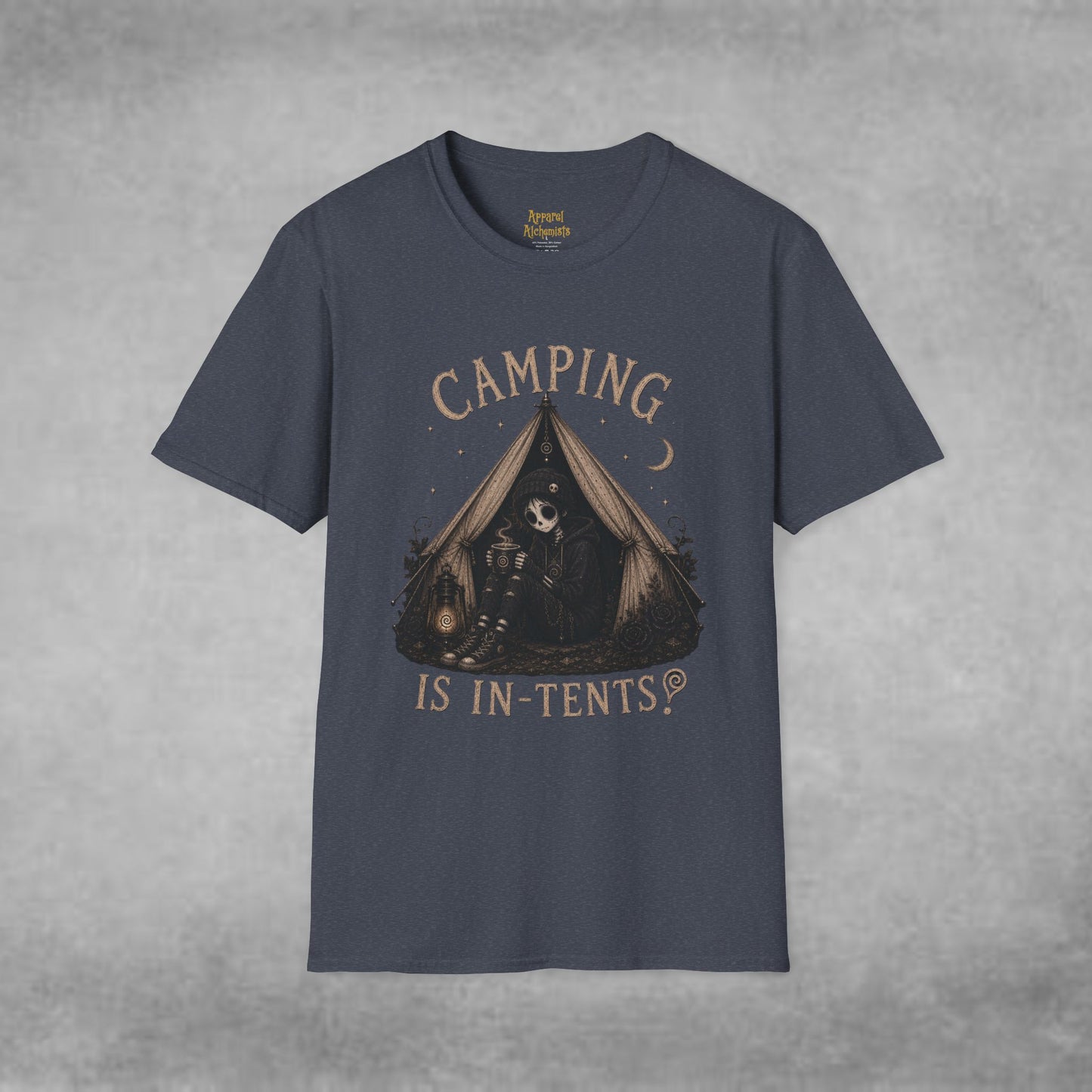 COMPLETED Camping Is In-Tents T-Shirt — Funny Male Skull Tent Camping Graphic Tee