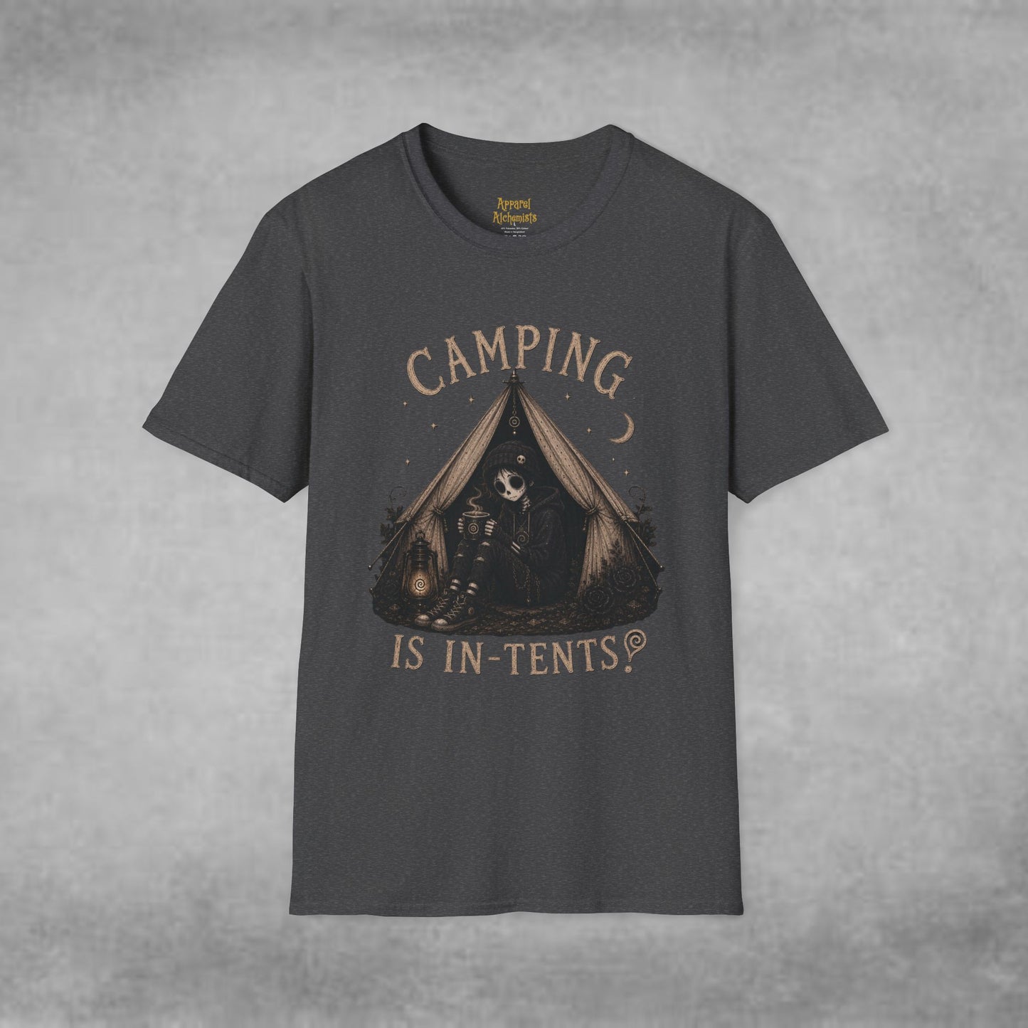 COMPLETED Camping Is In-Tents T-Shirt — Funny Male Skull Tent Camping Graphic Tee