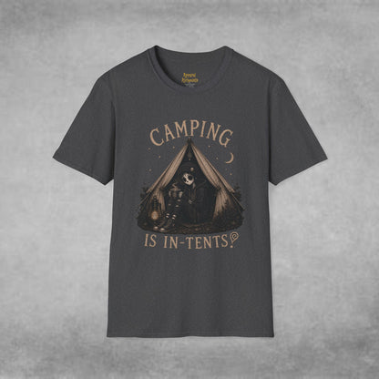 COMPLETED Camping Is In-Tents T-Shirt — Funny Male Skull Tent Camping Graphic Tee