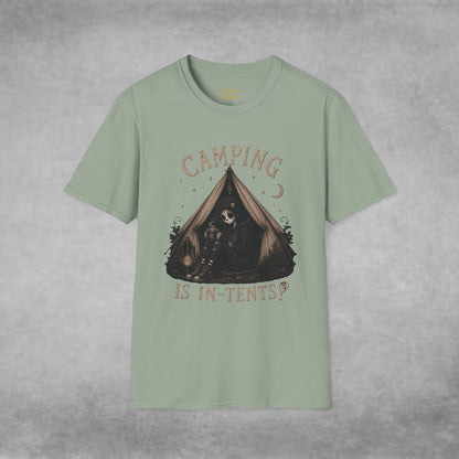 COMPLETED Camping Is In-Tents T-Shirt — Funny Male Skull Tent Camping Graphic Tee