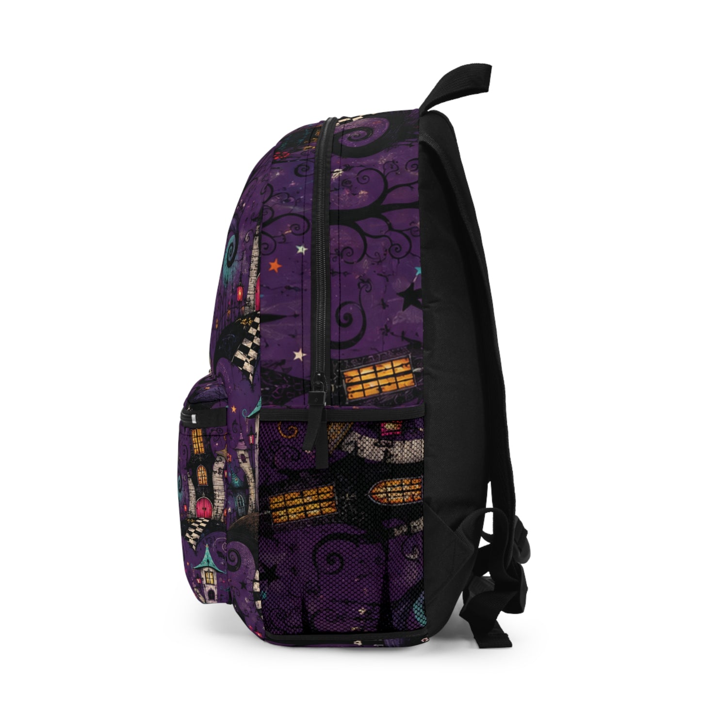Whimsical Nightscape Backpack — Purple Moonlit Village School Bag